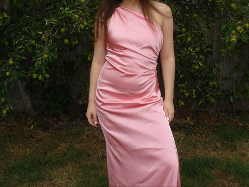 'Polly' One Shoulder Pink Satin Maxi Dress