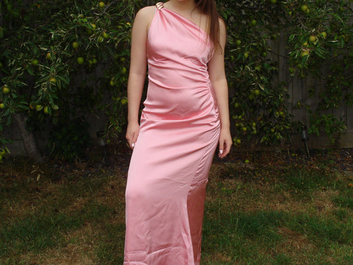 'Polly' One Shoulder Pink Satin Maxi Dress